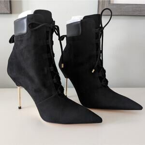 Good American Scandal Lace Up Stilleto Booties Suede Black Size 5 GA012K…